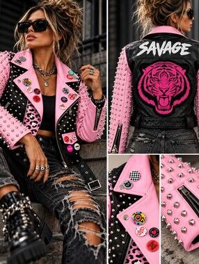 Y2K Pink Studded Vegan Leather Moto Jacket Punk Biker Tiger Cropped